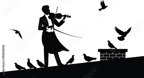 Violinist silhouette performing on rooftop with pigeons flying around, artistic musician scene, 