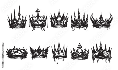 Collection of ten uniquely styled grunge crowns in black and white, including skull, thorn, and devil motifs. Perfect for gothic themes and dark fantasy designs.