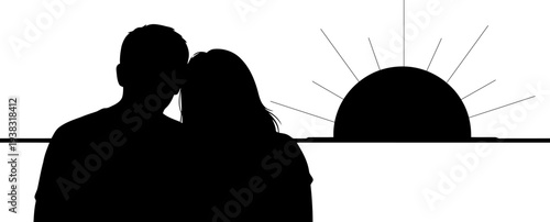 Couple watching sunset silhouette vector .