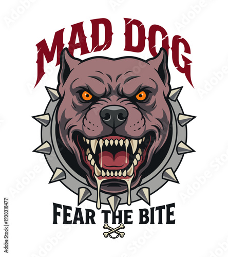 Aggressive dog head  t-shirt design with spiked collar and menacing teeth  mad dog biting illustration with sharp fangs and aggressive expression T-shirt Design