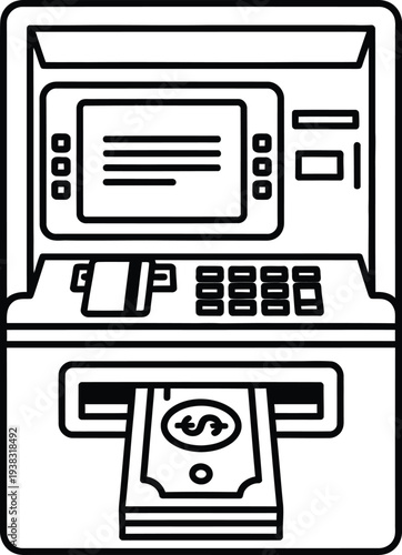 A simple line drawing of an atm machine on a white background.
