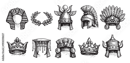 A hand-drawn illustration features an assortment of historical headwear, including crowns, helmets, and headdresses, rendered in black and white with a sketch-like aesthetic, perfect for history.