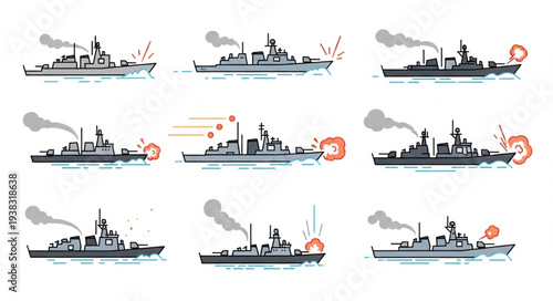Vintage Warships Firing Cannons Illustration.