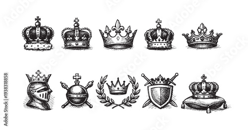 Collection of hand-drawn sketches featuring crowns, a knight's helmet, and shields, rendered in a simple, monochrome style on white background. Ideal for design elements.