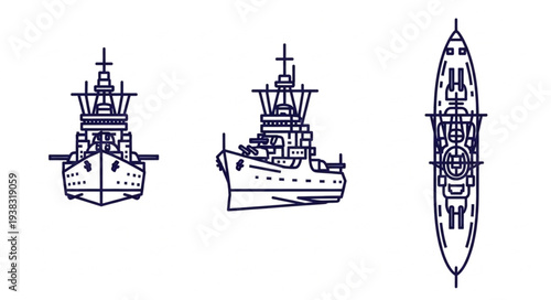 Warship Illustration Front Side Top Views.