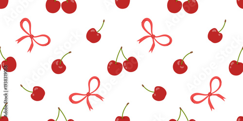 Cute seamless pattern with red cherries and bows. Fresh juicy garden fruits on white background. Flat vector illustration.