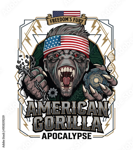 American gorilla apocalypse t-shirt design illustration with patriotic headband and broken chains isolated on transparent background T-shirt Design