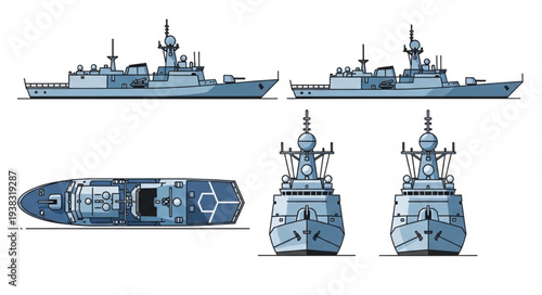Warship Illustration Multiple Angles Detailed.