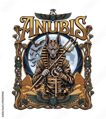 Anubis egyptian god illustration t-shirt design with jackal head and staff isolated on transparent background for ancient mysticism and mythology concepts T-shirt Design