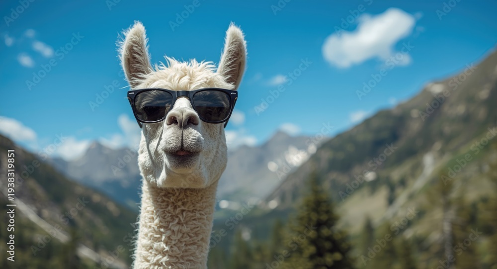 Naklejka premium Amused alpaca in sunglasses enjoying a vibrant alpine setting