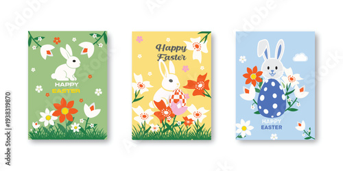 Set of three colorful easter illustrations featuring bunnies, eggs, and flowers