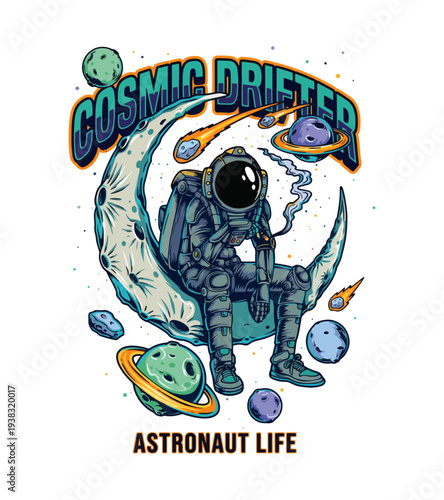 Astronaut sitting on crescent moon t-shirt design surrounded by planets and stars in space illustration isolated on transparent background T-shirt Design