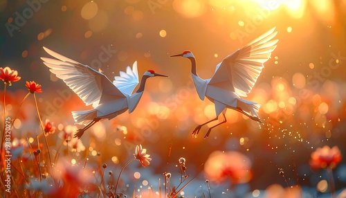 Two paper cranes flit amid flowers in warm, dreamy sunlight, creating a soft, magical, whimsical atmosphere