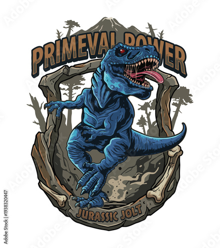 Blue dinosaur graphic t-shirt design illustration with primeval power and jurassic jolt text on transparent background for prehistoricthemed designs and logos T-shirt Design