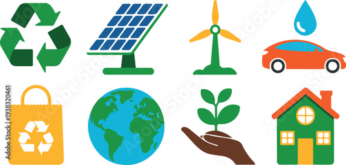 Green energy icons recycling solar wind car bag earth hand plant house