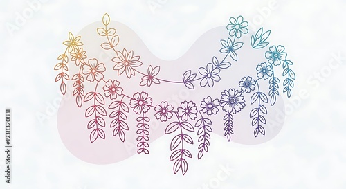 A floral garland with colorful gradient details against a blurred backdrop. A delicate line art design with leaves & blossoms