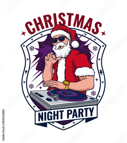 Cool Santa Claus DJ operating t-shirt design turntable equipment at Christmas night party event with sunglasses and festive decorations i T-shirt Design