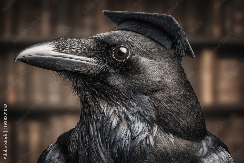 Naklejka premium A highly detailed portrait of a raven wearing a graduation cap, looking intelligent and ready for academic achievements, with a bookshelf blurred in the background.