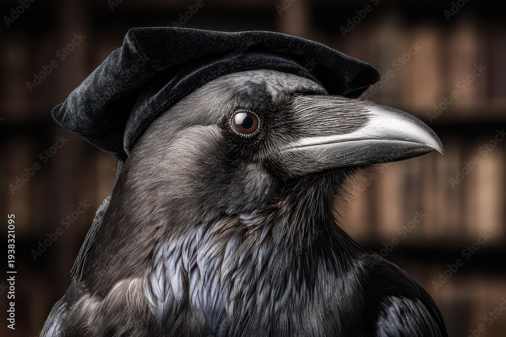Obraz premium A captivating close-up of a raven wearing a graduation cap, set against a blurry background of bookshelves, a symbol of knowledge and academic achievement.