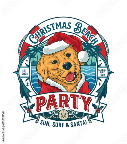 Dog wearing santa costume t-shirt design with christmas beach party text on white background isolated on transparent background T-shirt Design