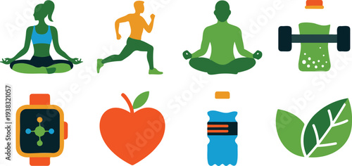 Healthy lifestyle flat icons with yoga poses running athlete meditation silhouette fitness watch and nutrition