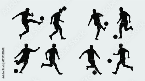 Dynamic set of soccer player silhouettes in action with footballs