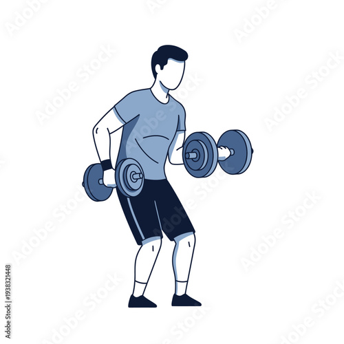 Man doing bicep curls with dumbbells, fitness and workout illustration