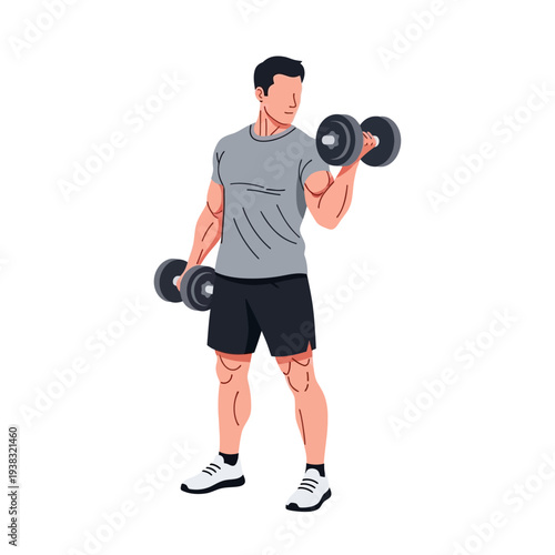 Man doing bicep curls with dumbbells, fitness workout, healthy lifestyle