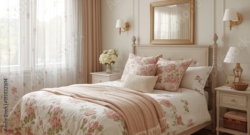 Classy bedroom arrangement with floral bedcover and gentle bedding combined with see-through curtains and decorative cushions