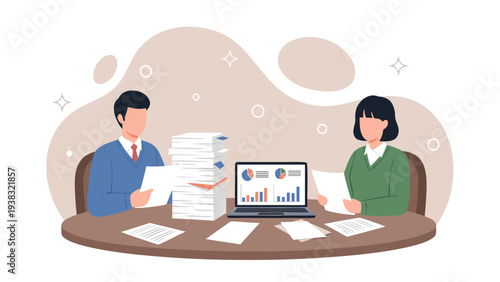 Business professionals analyzing financial data and reports in a modern office setting, a vector illustration of teamwork and productivity