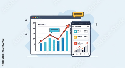Business analytics on computer and smartphone with graphs and charts data analysis and statistics on screen business intelligence and financial reports