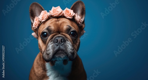 Peppy French Bulldog pet adorned with rose blossoms headband on vivid blue backdrop
