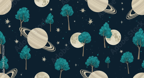 Whimsical Space Scene with Planets Trees
