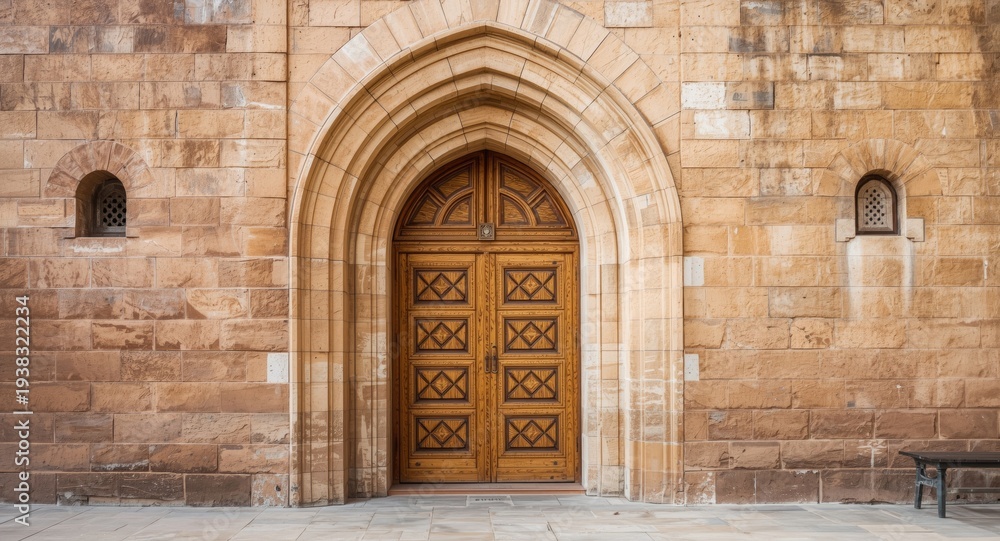 Fototapeta premium Elegant wooden door surrounded by decorative stone arch architecture in a mosque
