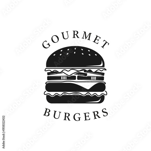 A black and white illustration of a gourmet burger with the words 'Gourmet Burgers' above and below it.