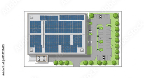 Aerial view of a commercial building with a large solar panel array on the roof.