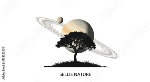 Saturn planet with rings and tree silhouette on grassy hill
