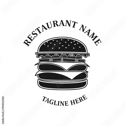 Black and white vintage-style logo design featuring a large, detailed hamburger with text placeholders for restaurant name and tagline.