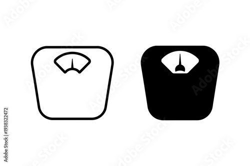 A minimalist vector graphic illustration of two weighing scale icons in black and white