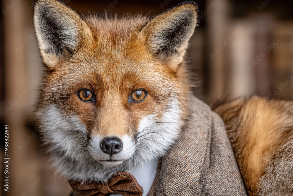 Fototapeta premium A sophisticated red fox portrait wearing a tweed suit and bow tie, close-up view, with intense amber eyes, looking directly at the camera, creative animal portrait.