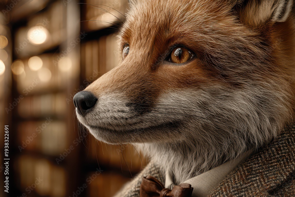 Obraz premium Close-up of a sophisticated fox wearing a suit and bow tie, surrounded by a vintage bookshelf in an old library, capturing a whimsical and elegant scene.