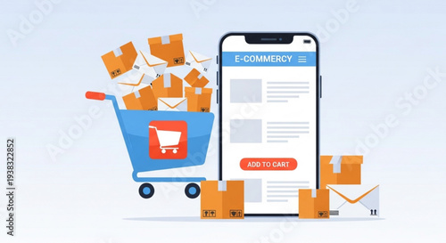 E commerce shopping cart on smartphone with packages and boxes online shopping concept with mobile device