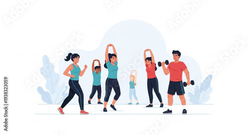 Diverse group of people exercising outdoors with dumbbells and kettlebells in a casual setting