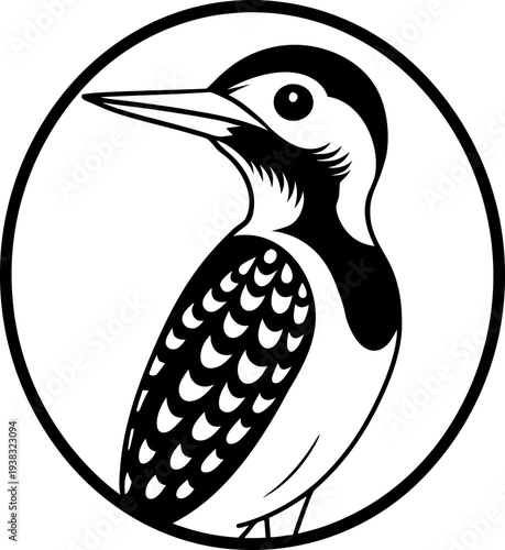 A stylized illustration of a woodpecker, centered in the frame against a stark white background. The bird is depicted in a side profile, oriented to the right, showcasing its detailed plumage and feat