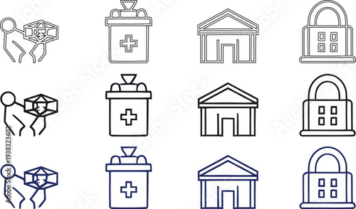 Collection of simple line drawings of wedding and medical related icons