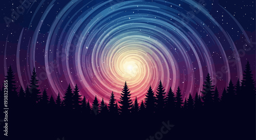 starry night sky with swirling light trails and pine trees