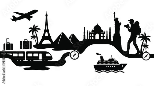 World travel adventure concept with iconic landmarks and transport silhouettes
