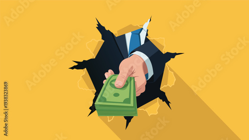 Vector illustration of a business hand breaking through a yellow background to offer money, symbolizing financial success and opportunity