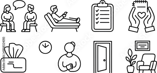 Mental health therapy session with therapist counselor and client icons representing support psychology