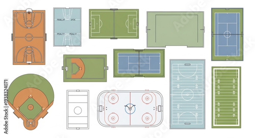Collection of Top Down Views of Various Sports Fields and Courts.